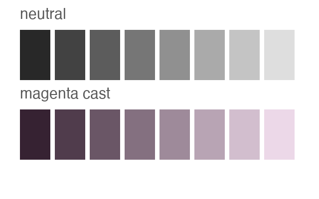 Illustration of a color cast: a neutral gray row above the same row shifted toward magenta