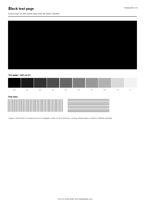Preview of the black test page with a solid block, tint ladder and fine lines in black ink only