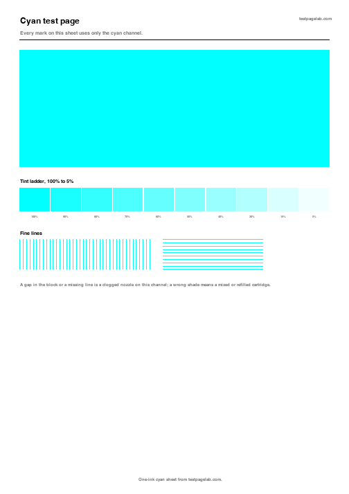 Preview of the cyan test page, a single ink sheet with solid block, tint ladder and fine lines