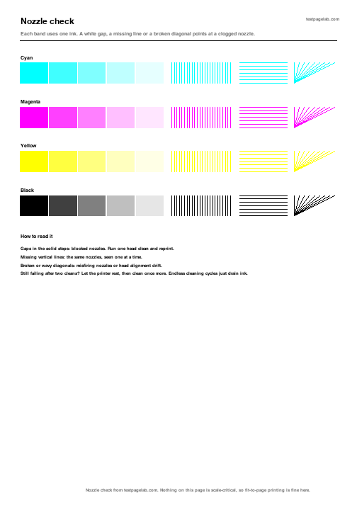 Preview of the nozzle check page with stepped tints, fine line grids and diagonal fans for each ink