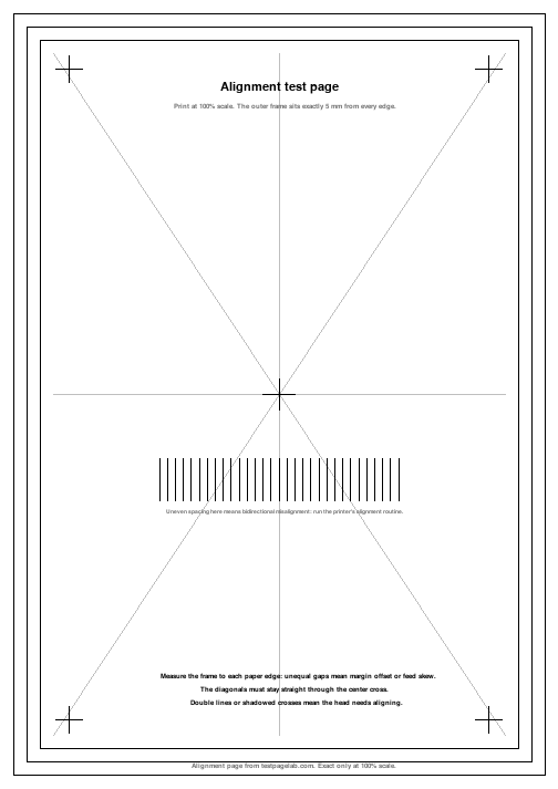 Preview of the printer alignment test page with margin frames, corner crosses, diagonals and bidirectional bars
